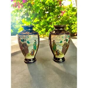 Pair Antique Japanese Satsuma Vases-Hand Painted-Geisha Scene Cobalt Blue-7.5''